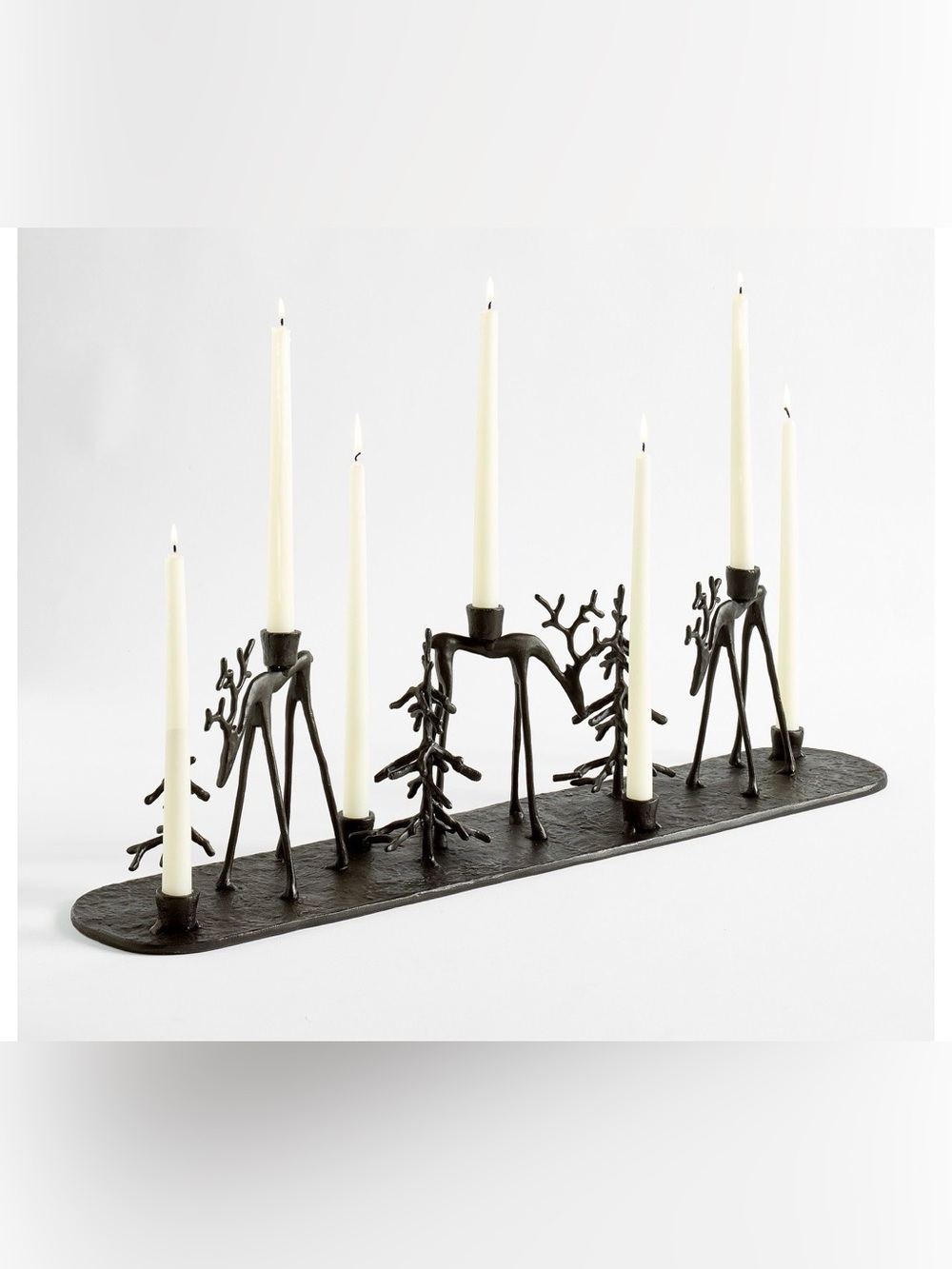 Pottery Barn Bronze Sculpted Reindeers and Trees Taper Holder Centerpiece